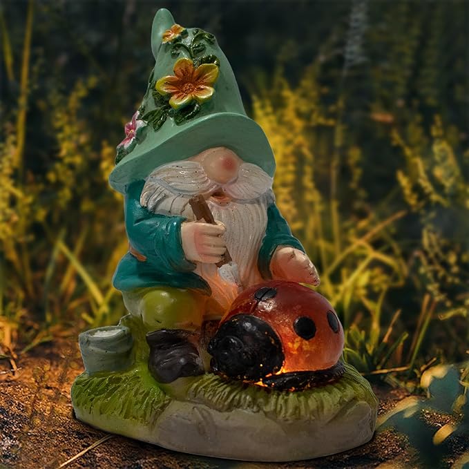 Garden Solar Gnomes Outdoor Statues with Ladybug Flower Gnome Outdoor Decor for Patio, Balcony, Lawn, Yard Ornament - Garden Gifts for Mothers Day, Housewarming, Festival