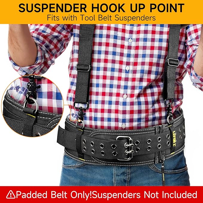 4-Inch Padded Tool Belt,Heavy Duty Tool Belts for Men with 4 Suspenders Ring,Work Belts for Electrician,Carpenter,Construction,Utility Belt,Adjustable 34''-40''(Pouch not Included)