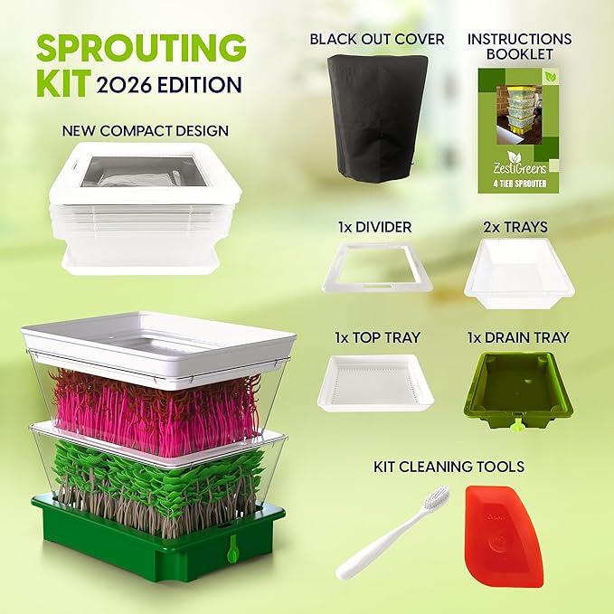 ZESTIGREENS 2-Tier Sprouting Kit with Drain Spout – Stackable Seed Sprouter Trays for Growing Fresh Sprouts at Home – BPA-Free, Easy Rinse & Drain System
