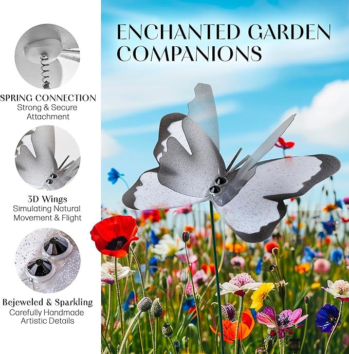 Handmade White Butterfly Garden Stakes Set of 7 - Decorative Outdoor & Indoor Plant Decor - Nature Lover Gift Idea by Air Aquarium Kushner