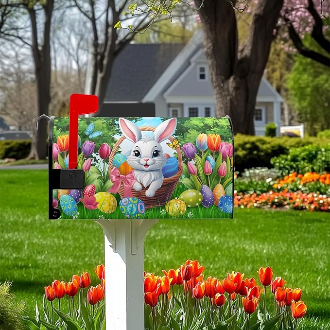 Easter Mailbox Covers Magnetic Rabbit Mailbox Cover Spring Colorful Tulips Post Letter Box Cover Outdoor Garden Holiday Decoration 21x18 in Eggs