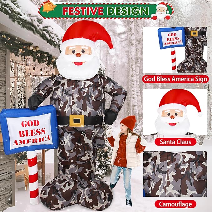 Christmas Inflatable Outdoor Decoration, 7FT Giant Blow Up Camouflage Santa Claus Xmas Decorations Soldier Army Gift, Built-in LED Lights Holiday Decor for Indoor Outside Lawn Garden