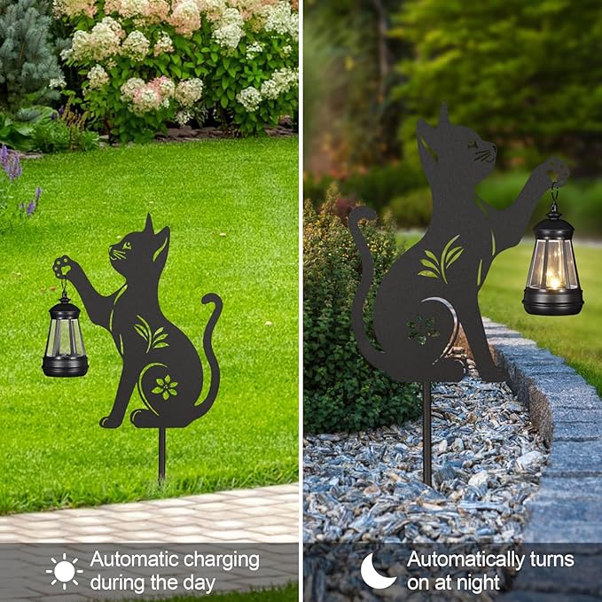 2Pack Solar Outdoor Garden Lights Stakes Solar Metal Cat Lawn Deco Statue Black Cat Patio Garden Decorative Stakes with Solar Lantern Christmas Birthday Gifts for Women Mom and Grandma