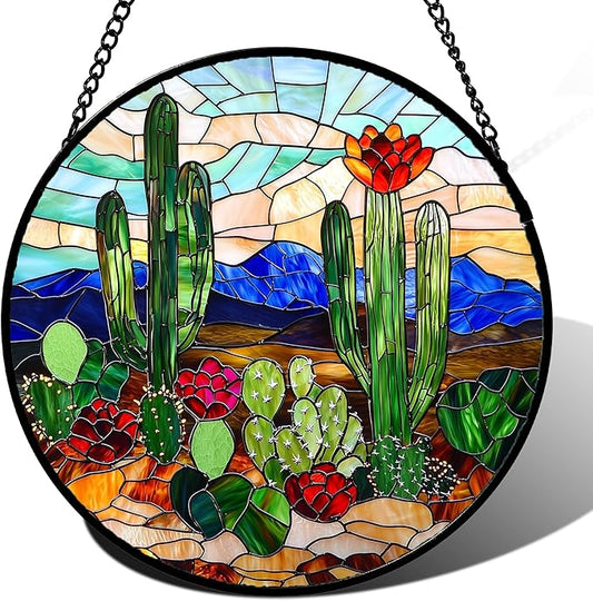 Stained Glass Window Hanging, Green Cactus Suncatcher for Doors Window Home Plant Landscape Sun Catchers Decoration Mother's Day Birthday Gifts for Women, Men, and Mom 6.3 in