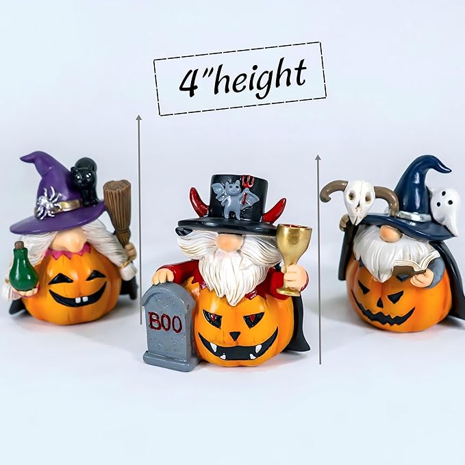 3PCS Halloween Gnomes Figurines Decor Pumpkin Themed Handmade Resin Gnome Halloween Decor Vampire Wizard Witch Gnomes Gifts for Women Home Decor Statue for Tier Tray (Pumpkin)