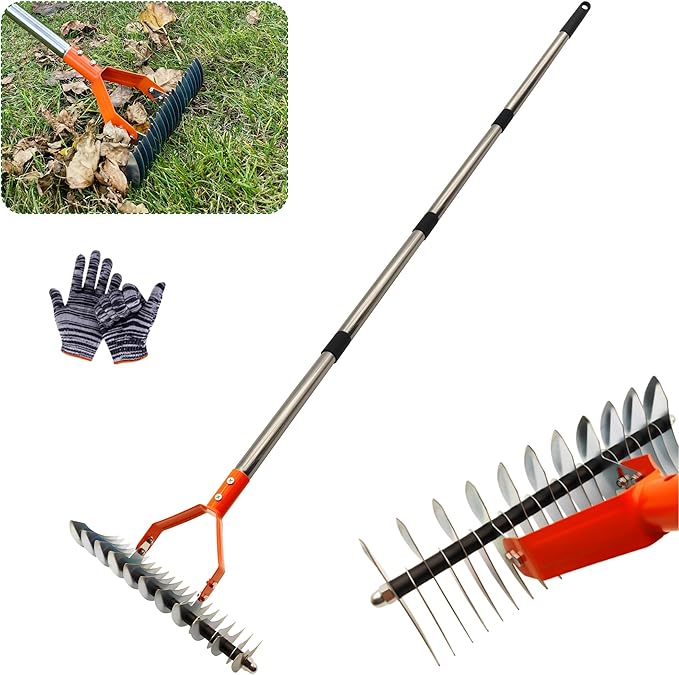 Thatch Rake,Lawn Thatcher Rake with Different Tooth Space, 68" Adjustable Length Thicker Handle for Cleaning Fallen Leaves, Lawn Renovation Care and Loosening Soil