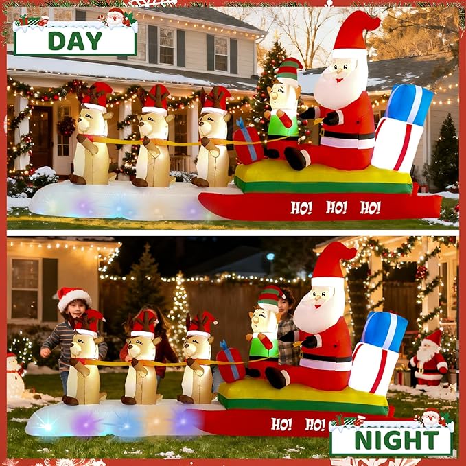 10FT Three Elks Pulling Santa Claus on a Sleigh Christmas Decoration with Built-in LED Lights, Christmas Outdoor Inflatable Decoration for Lawns, Yards, Gardens, and Patios