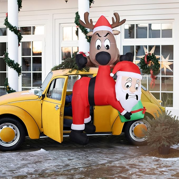 Lulu Home 7.2FT H Christmas Inflatable Decoration, Light Up Air-Blown Reindeer Holding Santa in The Mouth, Xmas Blowups with Storage Bag for Roof Balcony Tree Window Sill Holiday Display