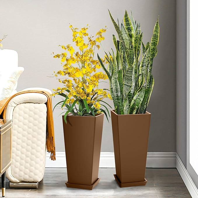 Set of 2 Tall Planters, 24" Large Indoor Outdoor Flower Pots with Tray, Modern Tapered Planters for Porch, Patio, Garden, Backyard