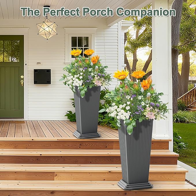 Set of 2 Tall Planters with Drainage Tray, 24 Inch Large Flower Pots for Indoor Outdoor Plants Mordern Planter Weather-Resistant for Patio, Front Door Decor, Garden (Gray Ribbed)