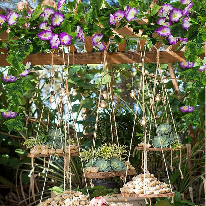 CISDUEO 2 Pcs Artificial Vines Silk Morning Glory Vines for Outdoor 15Feet Hanging Plants Garland Purple Fake Green Plant Morning Glories for Home Decor Wall Fence Stairway Wedding Hanging Baskets