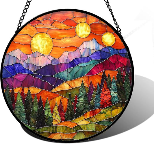 Stained Glass Window Hanging, Sunset Abstract Sun Catchers Colorful Glass Panel Landscape Suncatcher Decor for Birthday for Women, Men, Wife, Aunt, and Mom 6.3 in