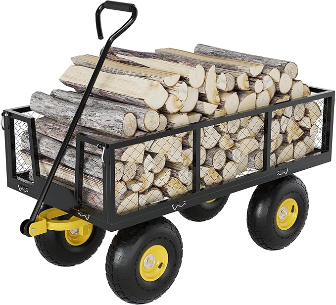 Metal Wagon - 500lbs Garden Cart with 10" Multi-Terrain Tires, 4 Removable Mesh Sides & 180° Swivel Handle, Yard Wagon Cart for Lawn, Yard, Patio Gardening