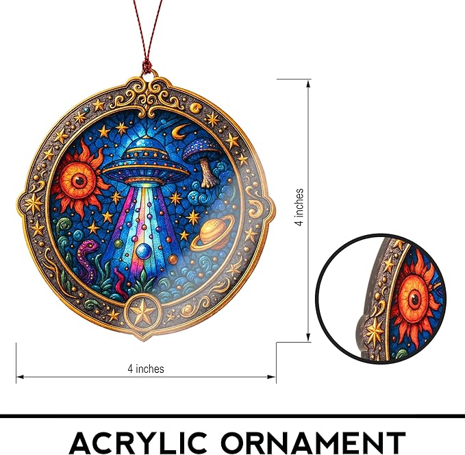 Alien Ornament – UFO Decor | Galaxy Ornament + Sci Fi Keepsake – Space Lover Gift – Alien Christmas Ornament – Suncatcher Effect Stained Glass Window Hanging – Car Hanging Decoration