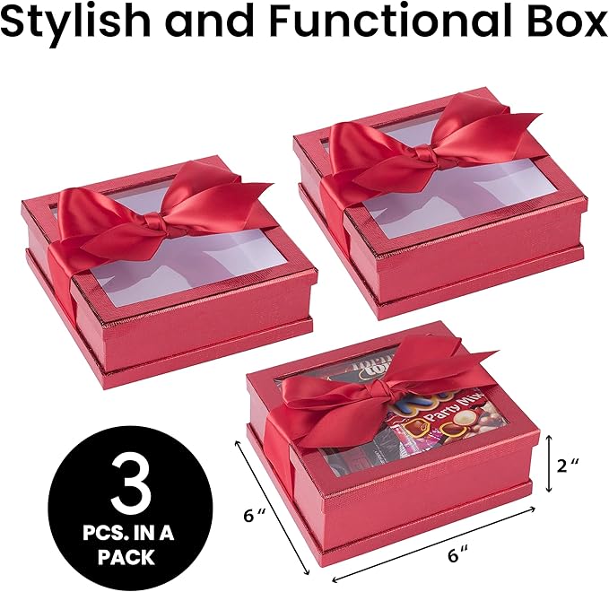 Hammont Clear Boxes for Gifts - Premium Clear Gift Box - Clear Cake Box - Gift Box with Window for Treats, Cupcakes & Baked Goods | 6"x6"x2" (Red)