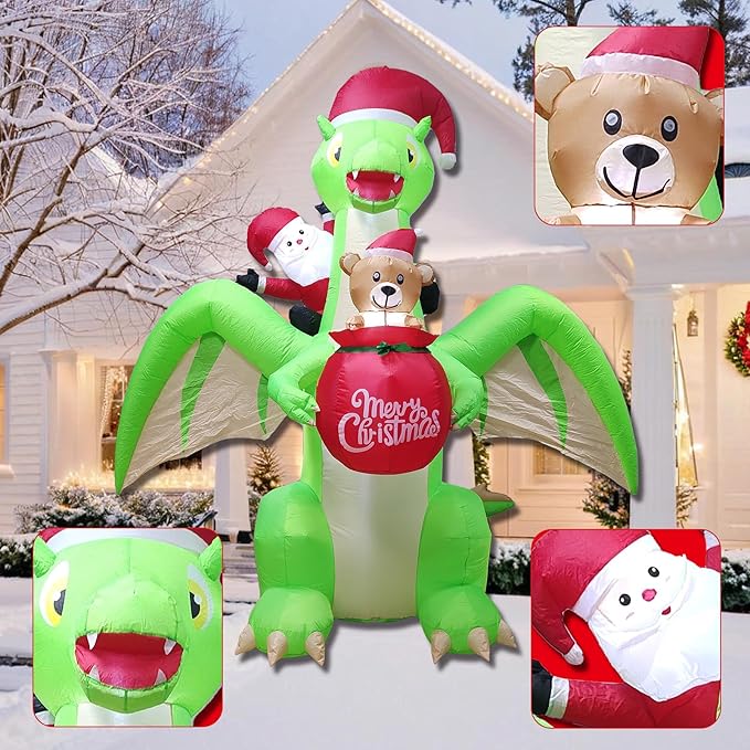 9 FT Giant Dinosaur Christmas Inflatable Decorations,with LED Lights - Santa Riding Dinosaur Christmas, Heavy-Duty Blower for Indoor/Outdoor Holiday Party Decor Weatherproof, Eye-Catching Xmas Display