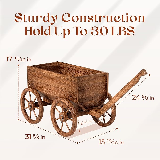 IDZO Wood Wagon Planter for Outdoor Balcony Decor - Garden Rustic Wooden Flower Cart with Wheels for Outside - Garden Decor - Amish Decorative Indoor - Wheelbarrow Planter for Patio
