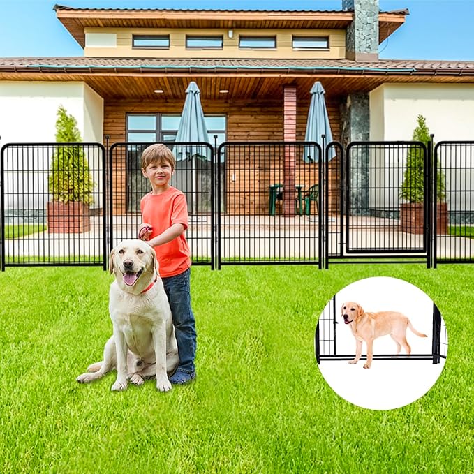 40 in(H) Garden Fence Animal Barrier, 4 Panels Total 8.9 Ft(L) Yard Fence for Dogs，Gate 21 Inches Wide with Low Sills，Animal Barrier Fences, Tall Garden Fence Border, Flower Bed Fencing