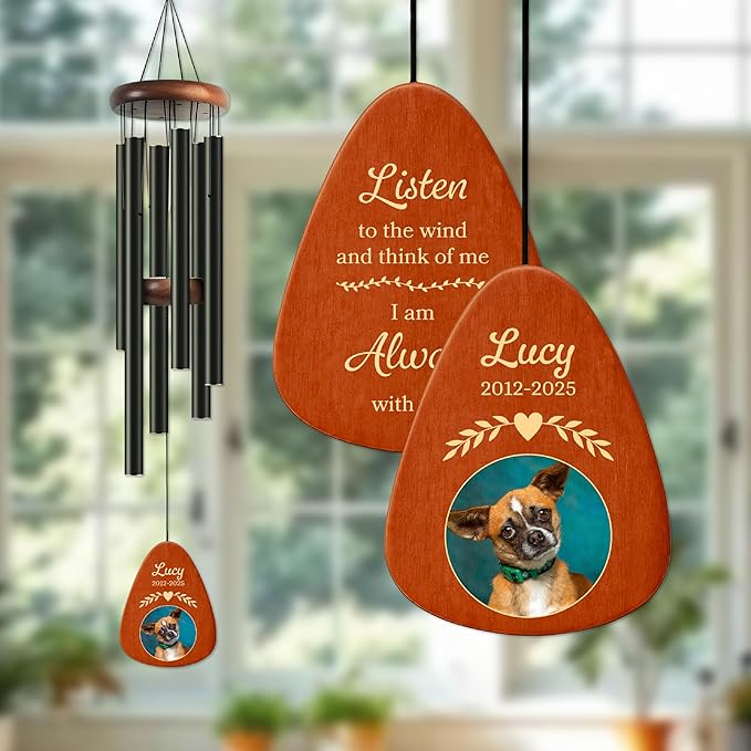Personalized Pet Memorial Wind Chime with Photo - 37" Custom Pet Loss Gift with Name, Date & Quote - Drop Shape Wooden Pendant & Stainless Steel Tubes, Outdoor/Indoor Remembrance Wind Chime, Black D1