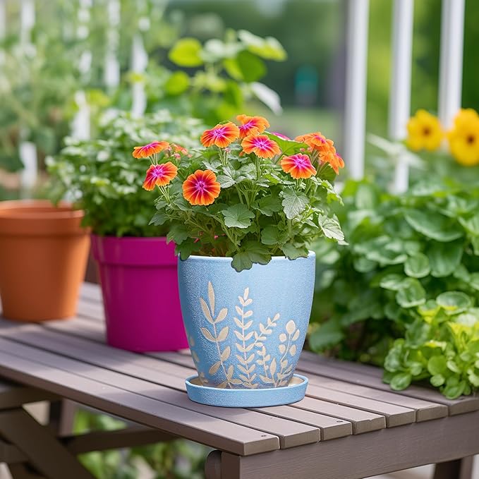 6 Inch Ceramic Plant Pot with Saucer - Small Flower Pot with Drainage for Succulents & Herbs, Boho Desk Home Office Room Decor, Plant Lovers Gifts, Blue