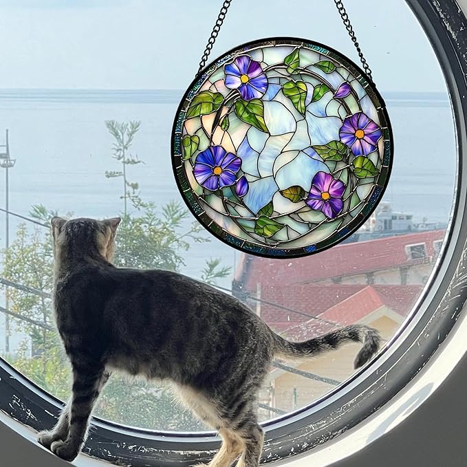 Stained Glass Window Hanging, Purple Morning Glory Flowers Suncatcher for Doors Window Home Plant Sun Catchers Decoration Mother's Day Birthday Gifts for Women, Men, and Mom 15x15 in