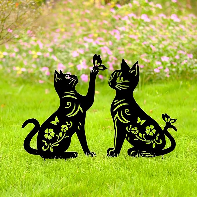 Cat Metal Decor for Outside,Garden Stakes Decorative Cat Gifts for Women/Men,Black Silhouette Statues for Yard Ornaments,Lawn, Patio, Pathway,Outdoor Garden Decor