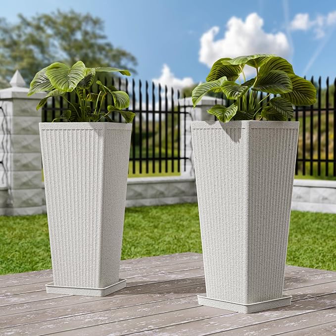 Tapered Tall Planters for Outdoor Plants 2 Pack- 23.6 Inch Heavy-Duty Classic Square Indoor Flower Pots with Drainage Holes/Partition/Tray, Large Outdoor Planters for Porch Patio, White