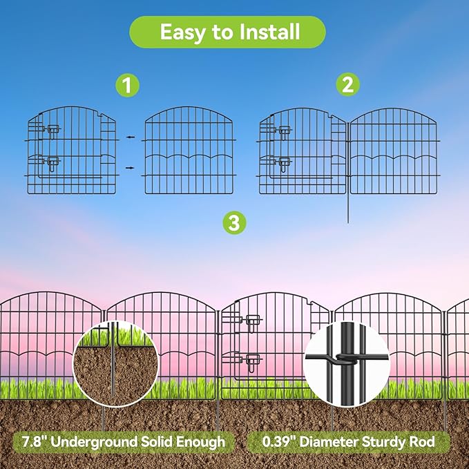 Decorative Garden Fence 12 Panels 24ft (L)×24in (H) Metal Garden Fences with 11 Panels + 1 Gate, No Dig Animal Barrier Fencing Rustproof Wire Border Temporary Dog Fence for Patio Outdoor Yard Lawn