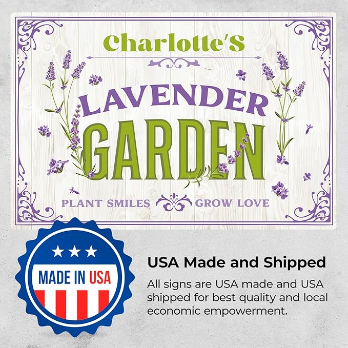 Custom Lavender Garden Sign, Personalized Name for Flower Garden, Christmas Gift and Backyard Décor Sign, 12x18 Inches, Rust Free .063 Aluminum, Fade Resistant, Made in USA by Sigo Signs