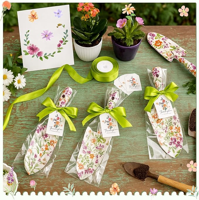 Capoda 12 Sets Floral Garden Shovels Bulk Gardening Gift for Women Thanksgiving Garden Tools Floral Hand Heavy Duty Trowels Thank You Cards with Bags for Christmas Mom Birthday Teacher(Green,Classic)