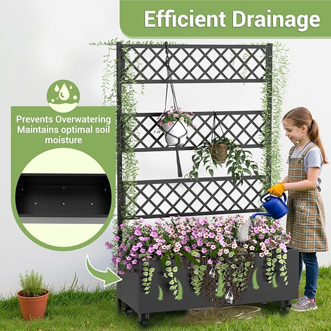 Metal Planter Box with Trellis Privacy Screen, 67"x35"x16" Raised Garden Bed with Trellis, Privacy Planter Boxes, with Planting Bag & Lockable Casters for Climbing Plants,Vegetables,and Vines