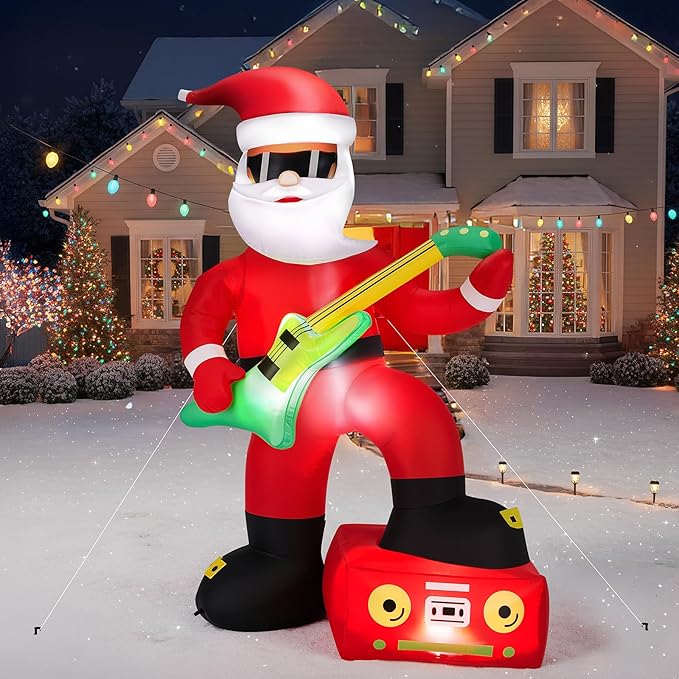 VINGLI 7.5ft Black Musical Santa Inflatable, Christmas Inflatable Santa Claus Playing Guitar, Gaint Blow up Outdoor Decoration with LED Lights for Lawn, Garden, Xmas Holiday Decor