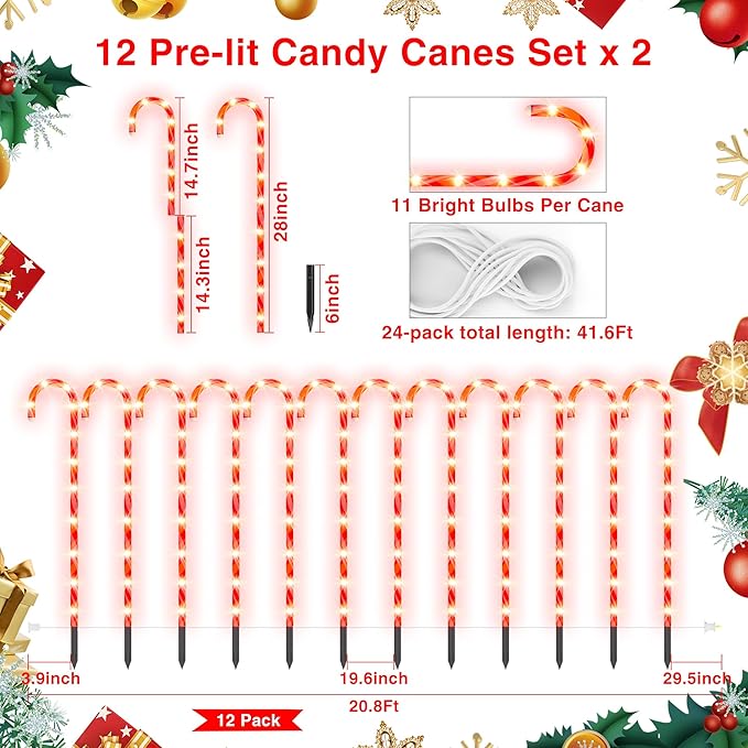 COOWUFAN 28" Christmas Candy Cane Pathway Markers Lights, Set of 24 Pack Christmas Outdoor Decorations, Waterproof Candy Cane Decor for Indoor Outside Yard Garden Patio Lawn