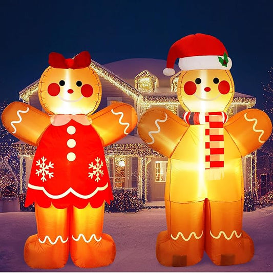 Ceenna 2 Pcs 6 ft Gingerbread Man Christmas Inflatable Welcome Gingerbread Couple Inflatable Set with Built in LED Lights Blow up Christmas Yard Garden Lawn Lighted Decor for Outdoor Xmas Lawn Decor