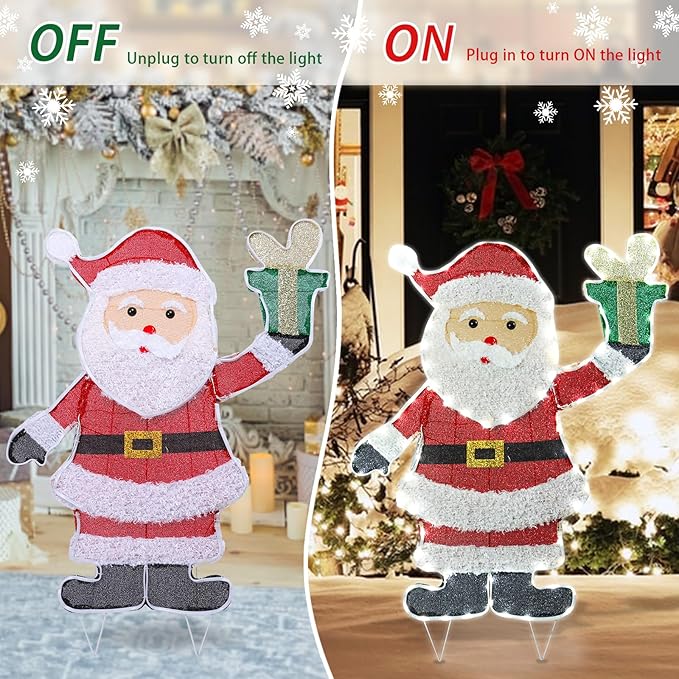 Christmas Santa Lighted Decoration Christmas Lighted Santa Clause with Gift Box Pre-Lit 102 LED Lights Decoration for Xmas Home Pathway Lawn Party Display
