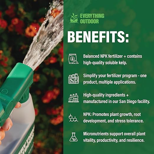 Humboldts Secret Everything Outdoor Plant Food | 5-5-5 Liquid Fertilizer with Norwegian Kelp | All Purpose Lawn, Vegetable & Fruit Food | Garden Nutrients | Refillable Hose End Bottle | 32 Ounce