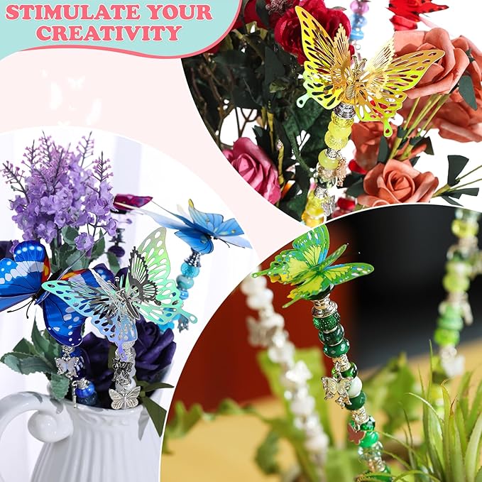 Beaded Garden Stake, DIY Fairy Wand Beaded Decorative Butterfly Garden Stake Kit with 12IN Threaded Rod Crystal Stopper Top Large Holes Beads Butterfly Decoration Pendants Outdoor Fairy Garden kit