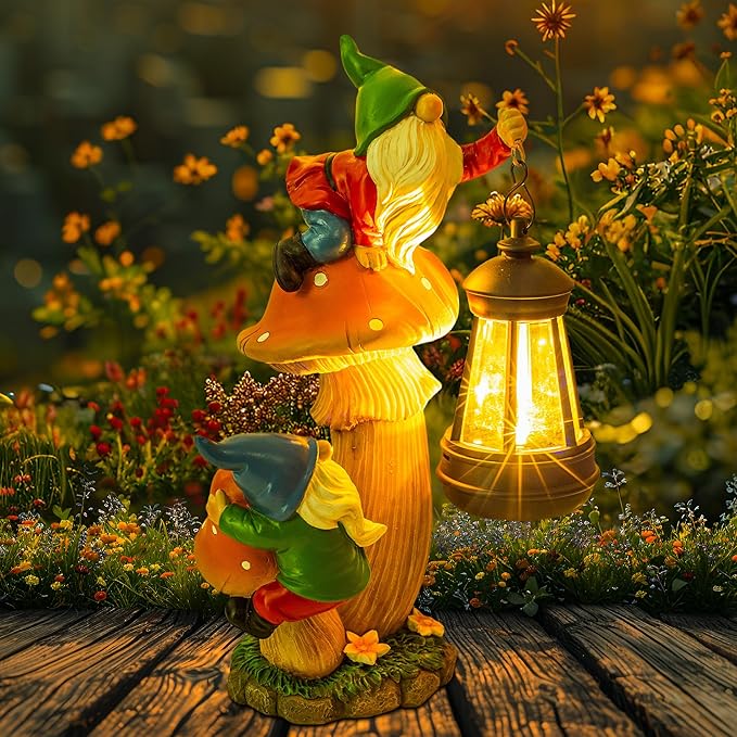 Funny Garden Gnomes Outdoor Climbing on Mushroom with Holding a Solar LED Lantern Resin Mushroom Statue for Patio Yard Lawn Porch Decor
