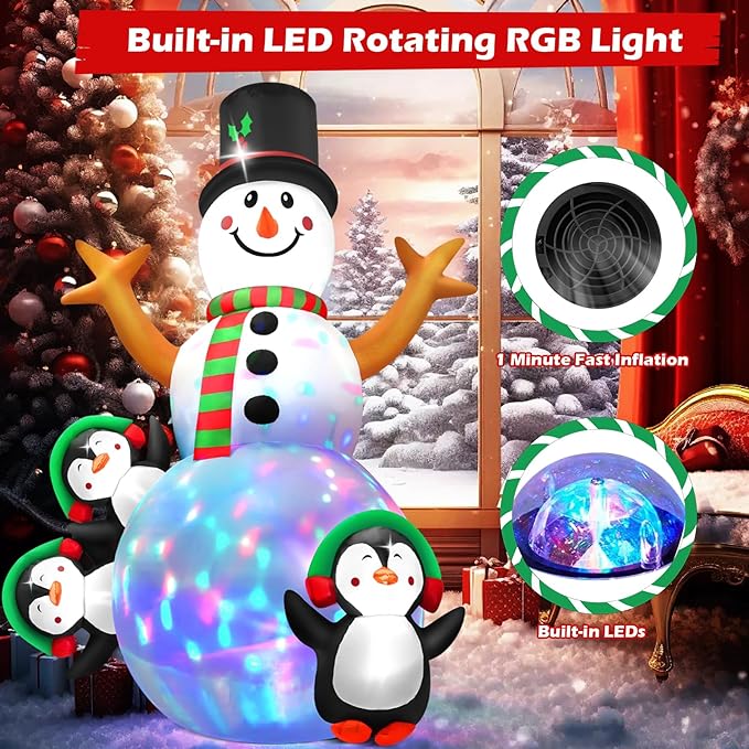 6.3 FT Christmas Inflatable Snowman Outdoor Decoration with Build-in Multicolor LEDs, Snowman with 3 Penguins Blow Up Inflatables Christmas for Yard Garden Lawn Xmas Holiday Decor