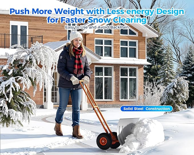 Garvee 29" Snow Pusher Shovel with Wheels,Heavy Duty Steel Snow Shovel with Wheels,Angled Blade Efficient Snow Removal With5-Position Angled Blade & Adjustable Handle for Doorway, Sidewalk, Silver