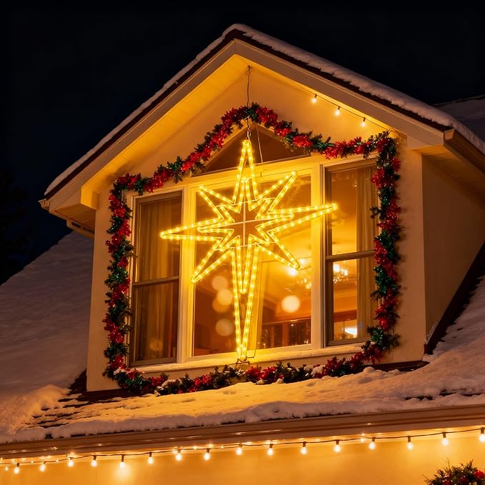 Outdoor Christmas Star of Bethlehem Large LED Star Window Plug Operated Lighted for Xmas Wall Window Indoor Outside Home Street Store Holiday Decorations(43'',Warm Light)