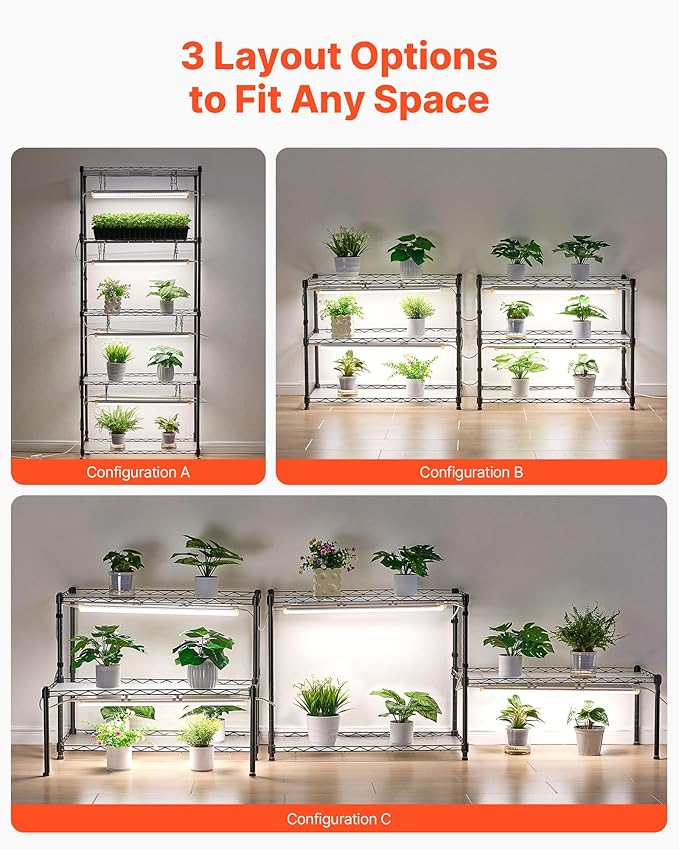 VEVOR DIY Plant Shelf with Grow Lights, 71 in Tall Indoor Plant Stand with Wheels, 192W 5000K Full Spectrum Grow Lights, Heavy Duty Metal Plants Display Rack, Flower Pot Holder for Seed Starting