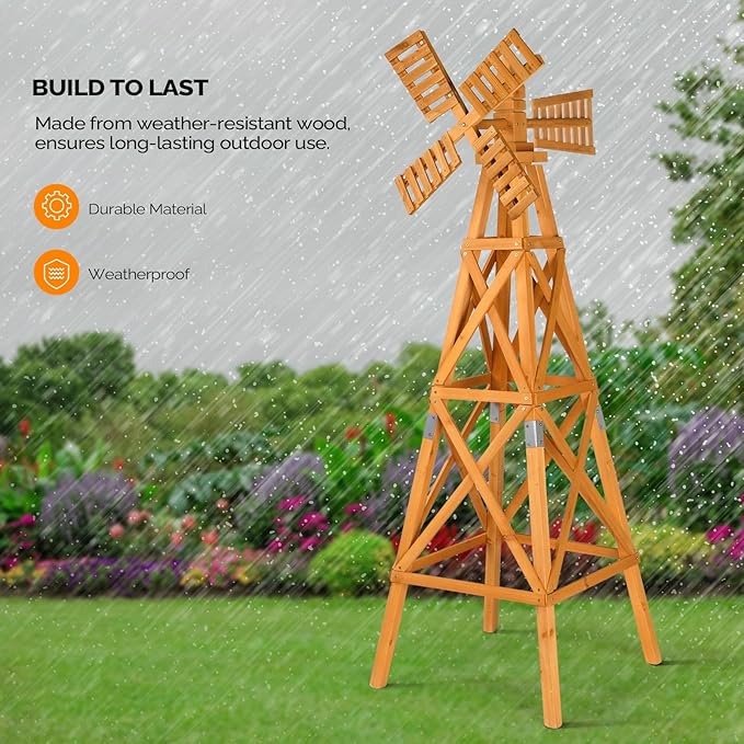 Wooden Windmill, Weather-Proof Wind Spinner, Outdoor Wind Mill for Garden Lawn Patio Decoration (Teak, Large)