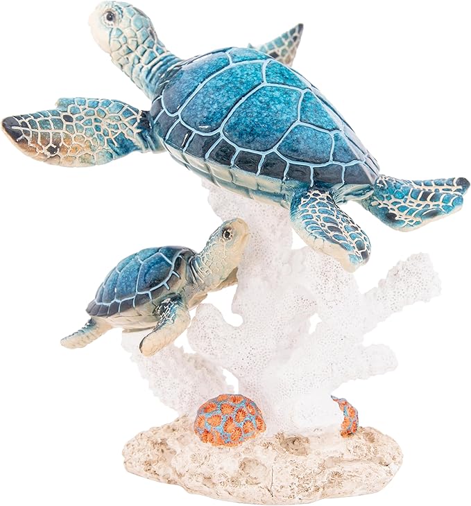 Sea Turtle Decor Figurine Blue Turtles Swimming on Coral Reef Base Beach House Coastal Decor