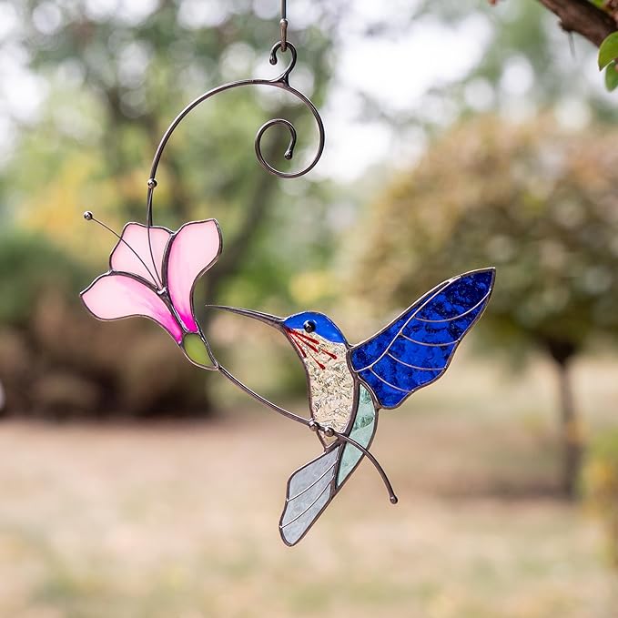 Multicolor Hummingbird Handmade Stained Glass Suncatcher Genuine Stained Glass Window Hangings Unique Indoor Ornament & Outdoor Decor (Blue Hummingbird)