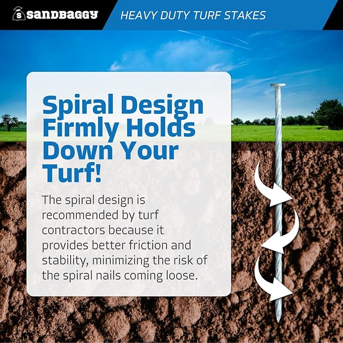 Sandbaggy 8" Heavy Duty Galvanized Artificial Turf Stakes - Spiral Landscape Nails - Ground Spikes/Pins - Synthetic Grass, Lawn, Edging, Weed Barrier Fabric, Garden (8 inch - Heavy Duty, 25, Count)
