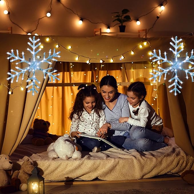 Christmas Window Snowflake Lights Decorations, Battery Operated Led Hanging Iron Lights, 8 Lighting Modes for Home Bedroom Indoor Outdoor Wall Holiday Decor (Cool White, 2 Pack)