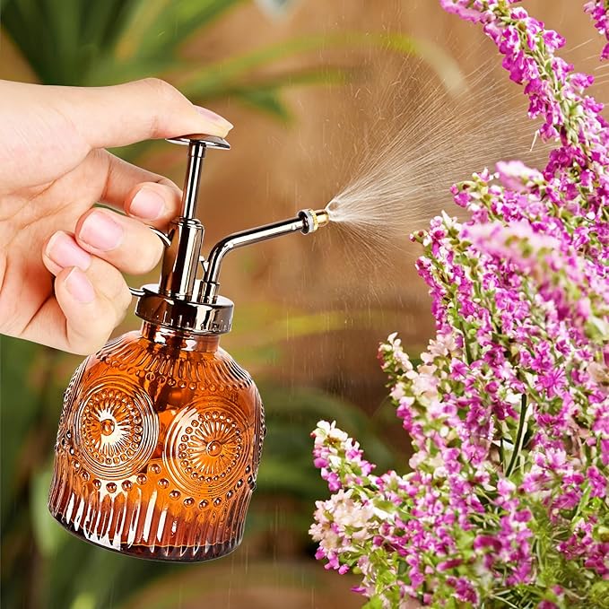 Glass Plant Mister Spray Bottle, Vintage Plant Spritzer, Succulent Watering Bottle Glass with Top Pump, Small Plants Sprayer Watering Can for Indoor Outdoor House - Brown