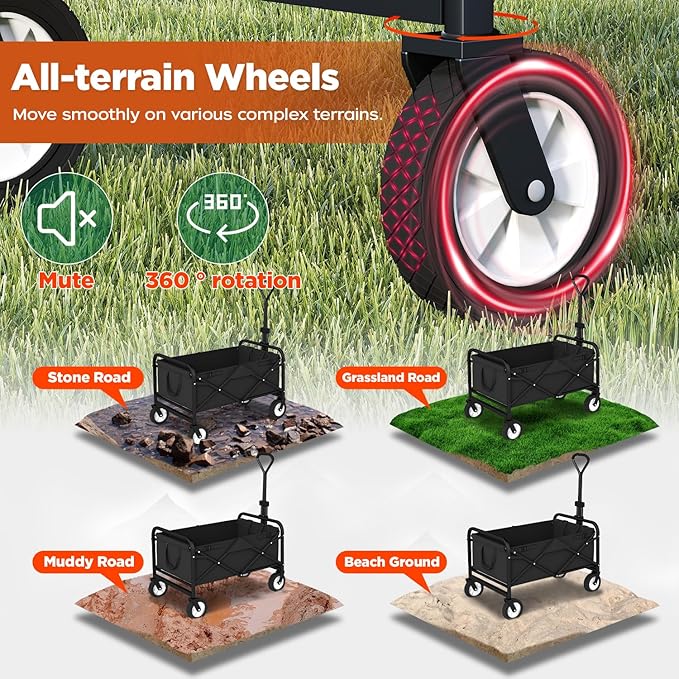 PayLessHere | Collapsible Wagon Cart with Wheels | Black | Heavy Duty Foldable Utility Cart with 330 lb Capacity | with All-Terrain Wheels & Adjustable Handle for Outdoor, Garden, Beach, Shopping