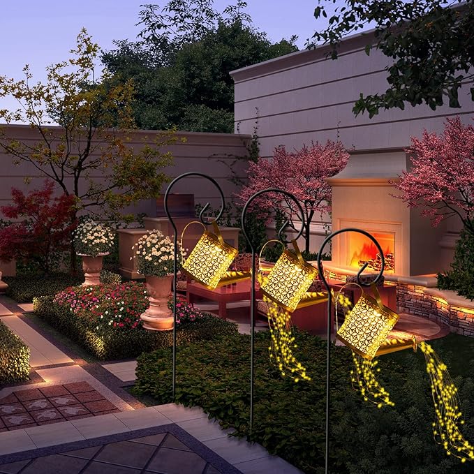 Solar Watering Can with Lights, Small Outdoor Lanterns Hanging Waterproof Garden Decor, Retro Metal Kettle Solar Light for Table Patio Yard Pathway Walkway (with Install String Light)
